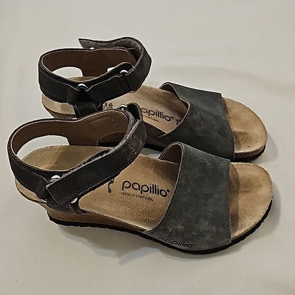 Birkenstock Papillio Eve Cork Wedge Heel  Sandal Grey Suede Leather Sz 7 - Picture 2 of 8